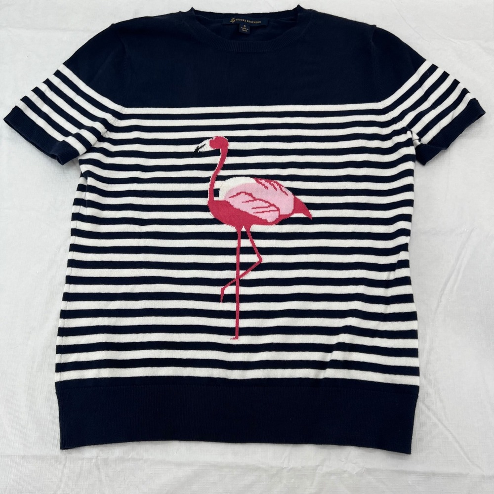 Brooks Brothers Womens Navy White Striped Flamingo Short Sleeve Sweater Top S